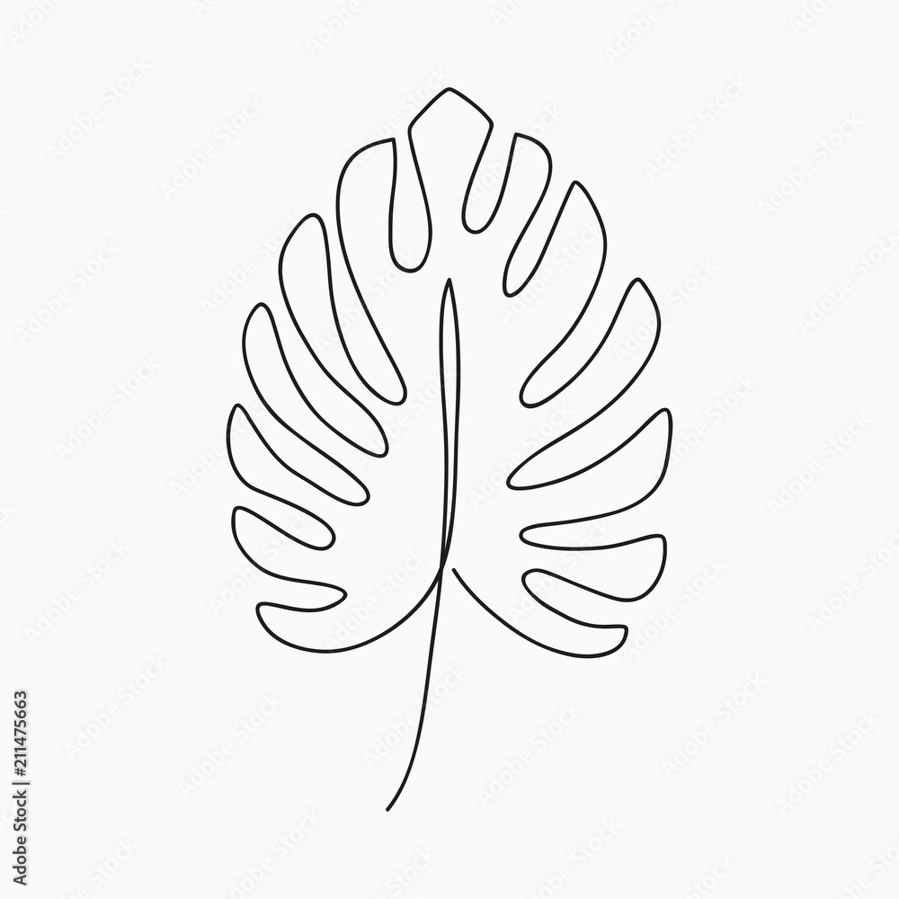 Monstera leaf - one line drawing. Continuous line exotic plant. Hand-drawn minimalist illustration, vector. Monstera leaf - one line drawing. Continuous line exotic plant. Hand-drawn minimalist illustration, vector.
