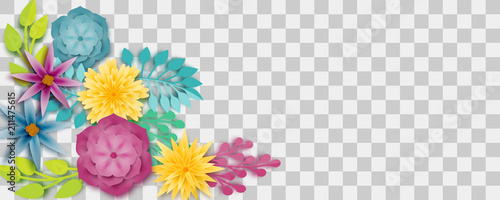 Set paper vector art. Colored chamomile bud origami transparent background. Floral banner design. Craft 3d plant eco card. Illustration green leaf lush template.