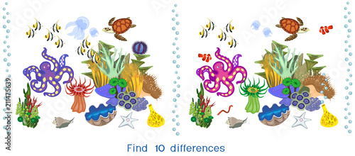 Find ten differences. Game for children with ecosystem of coral reef with different marine inhabitants