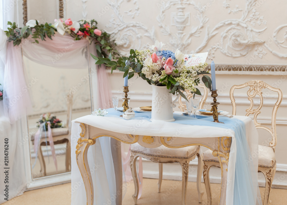 details of wedding decor, festive table, wedding bouquet