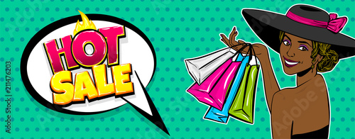 Black woman hat  pop art. African girl hold shopping bag. Comic book cartoon female. Wow smiling face vector illustration. Vintage halftone background. Happy summer, spring, autumn hot sale.