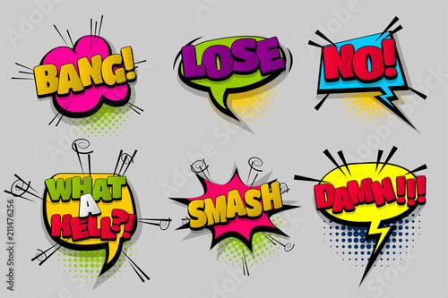 Lose bang no DAMN pop set hand drawn pictures effects template comics speech bubble halftone dot background pop art style. Comic dialog cloud. Idea conversation sketch explosion.