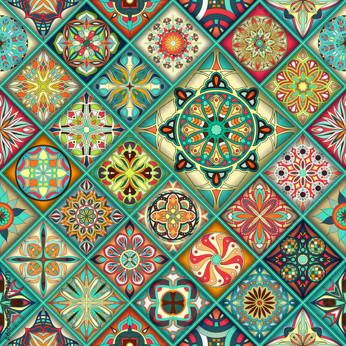 Ethnic floral mandala seamless pattern. Colorful mosaic background.