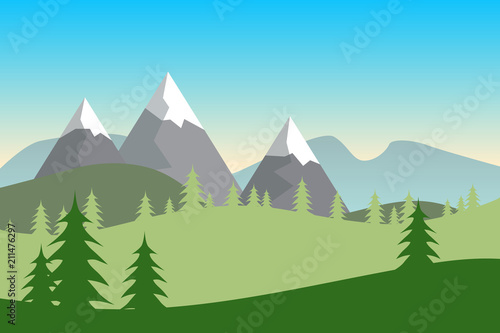 Flat green summer forested landscape with hills covered in snow.