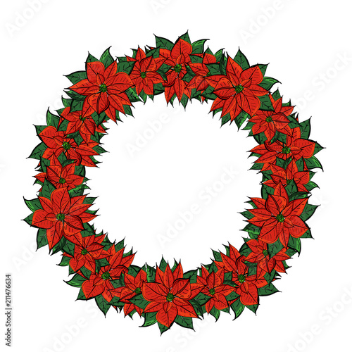 Christmas card  a banner with a wreath of red flowers poinsettia  holly leaves.