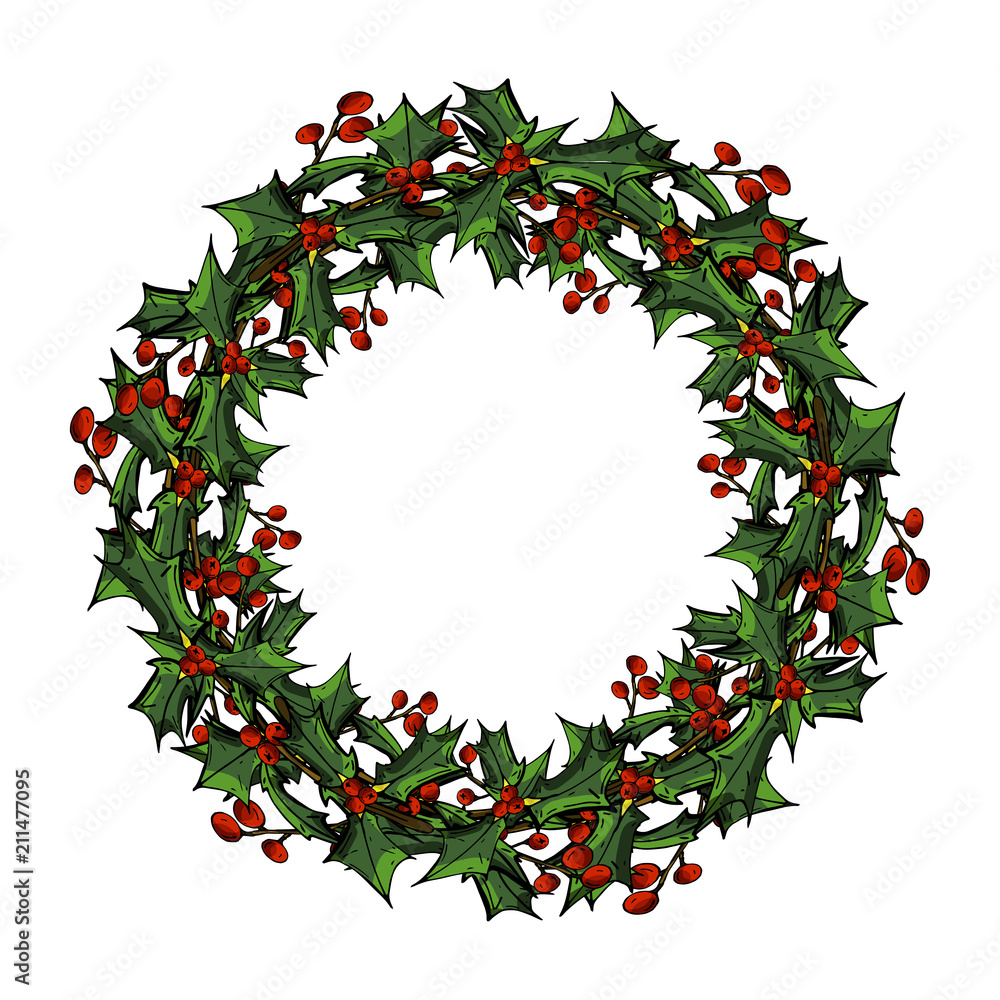 Christmas card, a banner with a wreath of red flowers poinsettia, holly leaves. Christmas card, a banner with a wreath of red flowers poinsettia, holly leaves.