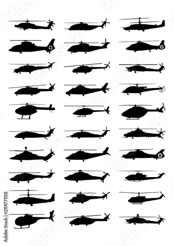Military helicopters silhouette set. Isolated on white background. Vector EPS10.