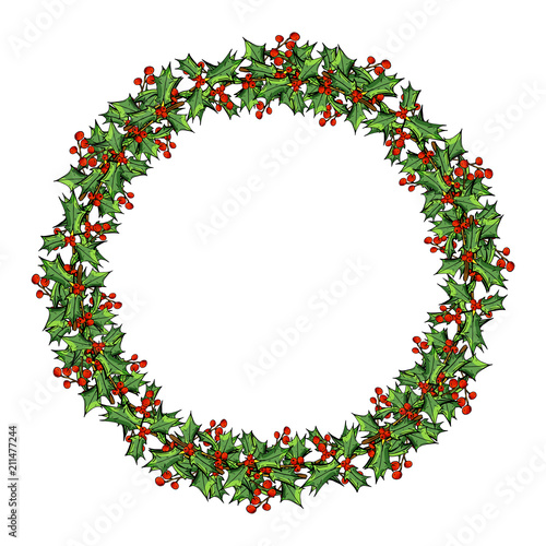 Christmas card, a banner with a wreath of red flowers poinsettia, holly leaves.