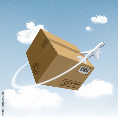 Plane flies around the cardboard box.