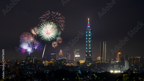 Taipei cityscape Night light with fireworks 5