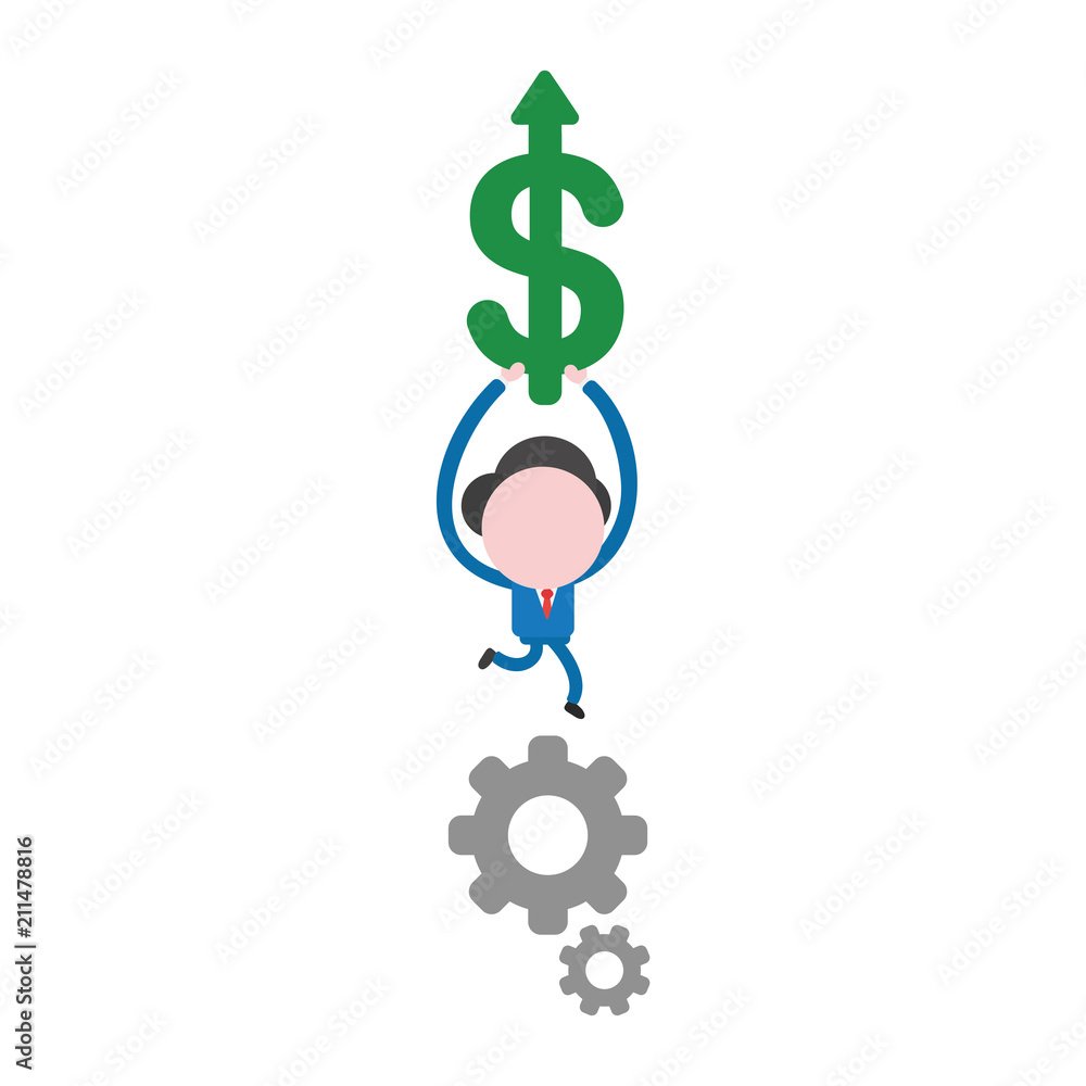 Vector businessman character running and carrying dollar arrow moving up on gears Vector businessman character running and carrying dollar arrow moving up on gears