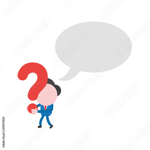 Vector businessman character with blank speech bubble and walking and holding question mark