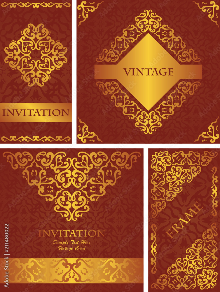 Set of four invitations with golden vintage elements and seamless background