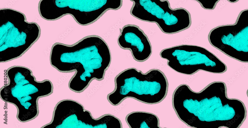 Seamless pattern with abstract black and turquoise blue stains    painted in bright highlighter felt tip pen on light pink background