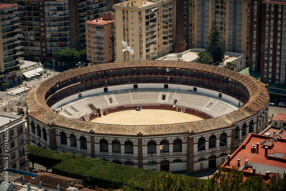 View of Plaza de Toros La Malagueta from Castillo de Gibralfaro in Malaga, Andalusia, Spain.