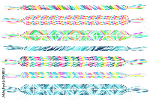 Friendship bracelets set. Doodle chevron ornament. Friends accessories. Fashion sketch. Boho jewelry collection. Hippie style. Rainbow hand made variety of traditional hand bracelets.