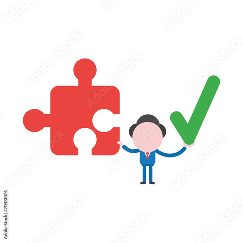 Vector businessman character holding jigsaw puzzle piece and check mark