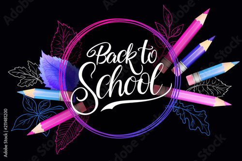 Vector illustration with design template for Back to school event banner with pencils, detailed bright autumn leaves and Back to School hand lettering label