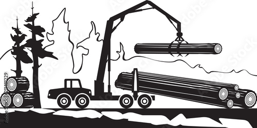 Tractor loading wood timbers in the forest - vector illustration