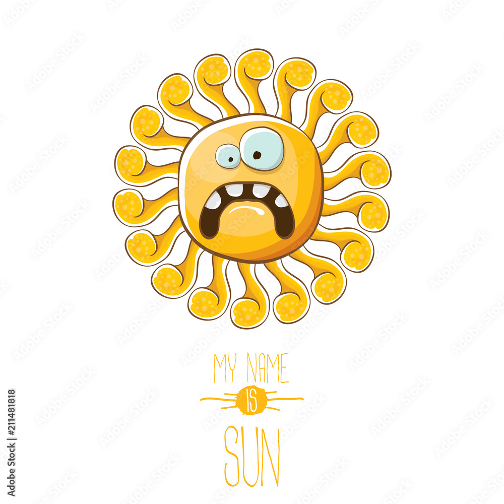 vector funky cartoon style summer sun character isolated on white background. My name is sun concept illustration. funky kids summer character with eyes and mouth