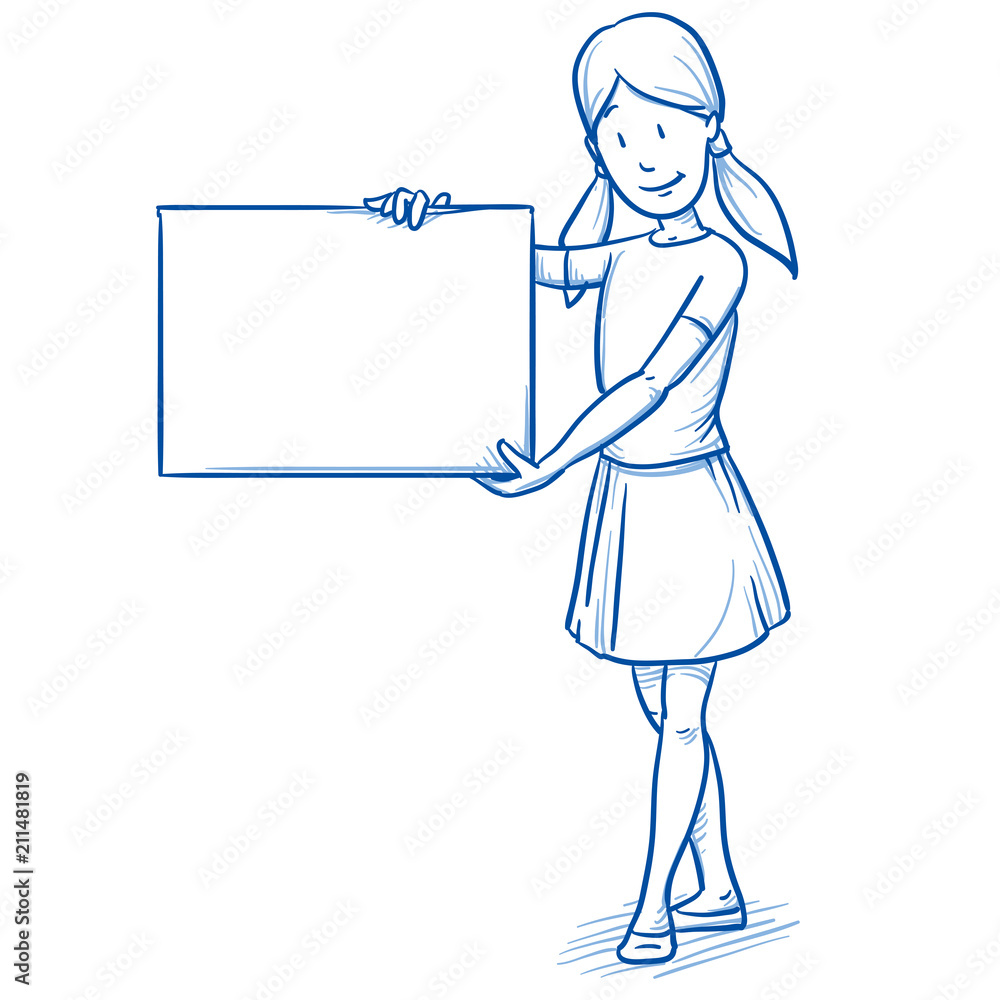 Happy young girl holding a billboard. Hand drawn cartoon doodle vector illustration. Happy young girl holding a billboard. Hand drawn cartoon doodle vector illustration.