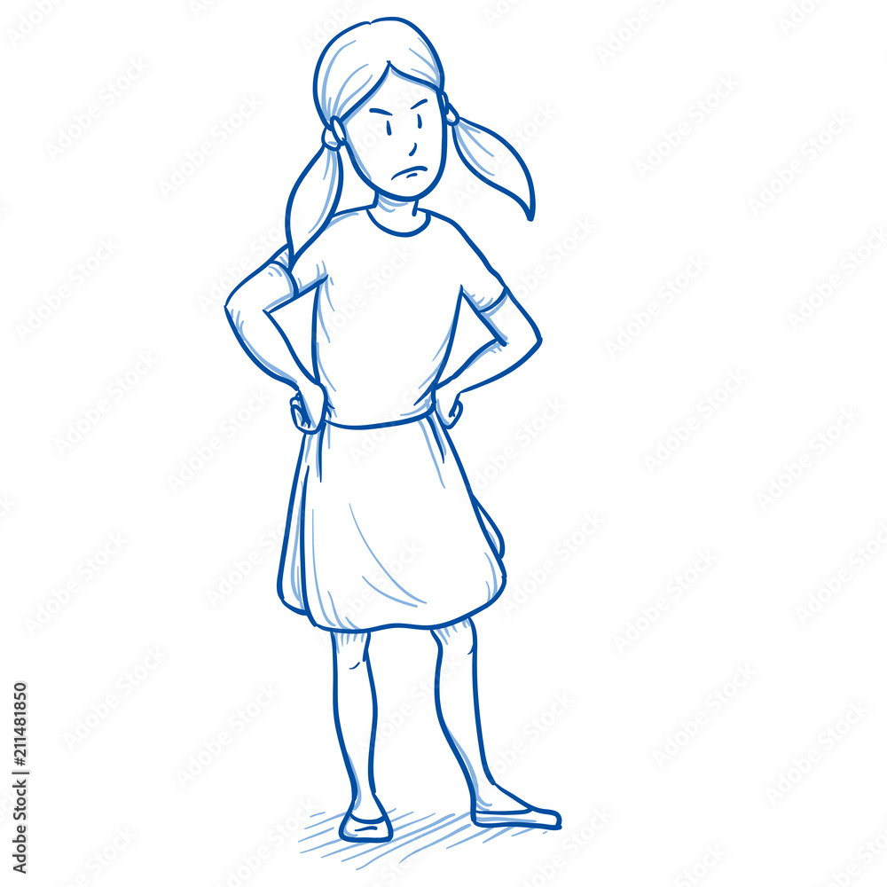 Young girl looking angry with her hands on her hips. Hand drawn cartoon doodle vector illustration. Young girl looking angry with her hands on her hips. Hand drawn cartoon doodle vector illustration.