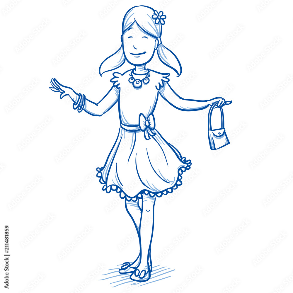Happy young girl being proud of her beautiful dress and accessories. Hand drawn cartoon doodle vector illustration. 