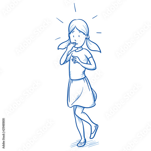 Startled young girl in an awkward situation. Hand drawn cartoon doodle vector illustration. 