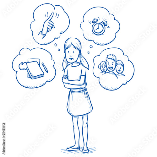 Sad young girl standing with arm around her with thought bubbles of her worries. Hand drawn cartoon doodle vector illustration. 