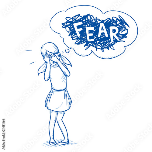 Young girl covering her eyes with fear. Hand drawn cartoon doodle vector illustration. 