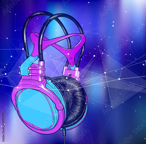 Bright colored headphones on a blue background with a stylized digital sound wave. Bright atmosphere of music, disco, concert & fun pastime. Vector illustration for an advertising poster or flyer