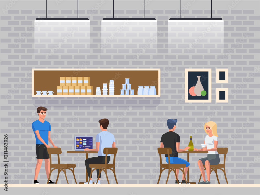 Modern Workplace Cafe with young people. Interior Restaurant.