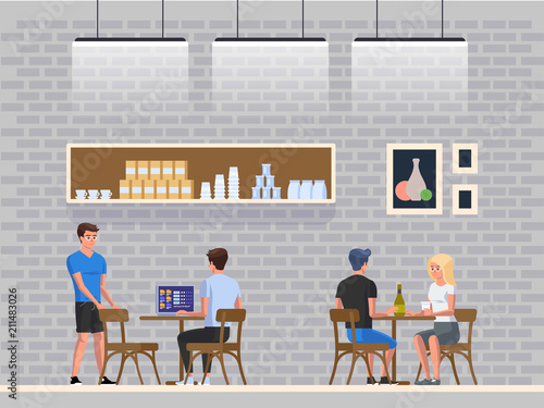 Modern Workplace Cafe with young people. Interior Restaurant.