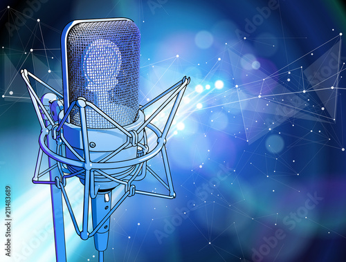 A professional microphone on a blue technological background is surrounded by a sound wave. Atmosphere of sound recording studio, chamber concert, night disco club or karaoke club / vector