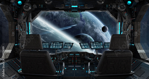 Fototapeta Naklejka Na Ścianę i Meble -  Spaceship grunge interior with view on exoplanet