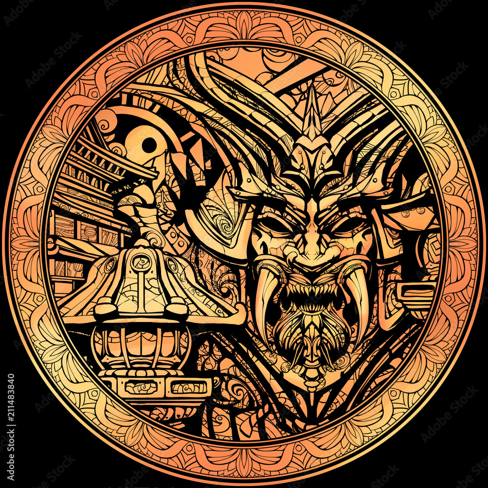 Fototapeta premium Gold rare coin with the image of a samurai mask