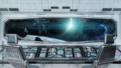 Fototapeta Naklejka Na Ścianę i Meble -  White clean spaceship interior with view on planet Earth 3D rendering