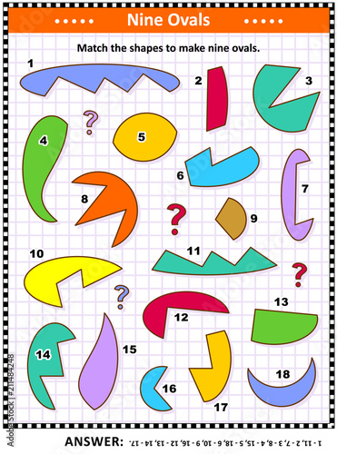 IQ and spatial reasoning skills training math visual puzzle: Match the shapes to make nine ovals, or ellipses. Answer included.
