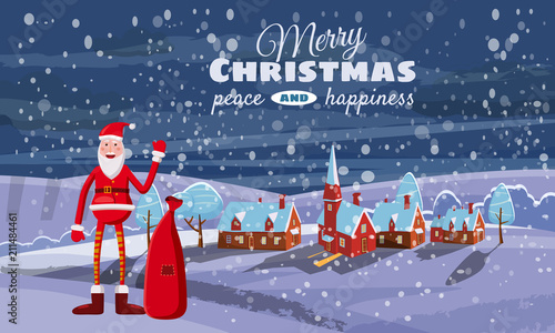 A houses in a snowy Christmas landscape at night. background with viilage scy and the character of Santa Claus. concept for greeting or postal card, vector, isolated