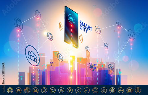 Smart city wireless communication network with smart phone. City infrastructure icons set. Isometric Smartphone over urban landscape connected with icons town iot.