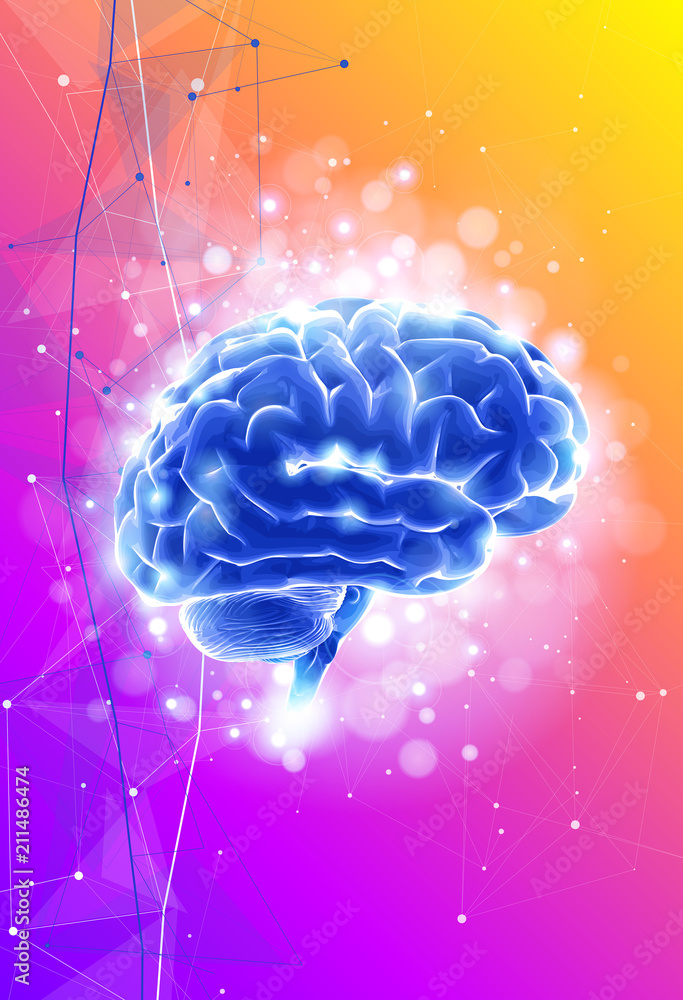 Human brain on a color technological background surrounded by ...