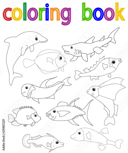 vector, isolated, book coloring sea, fish, set