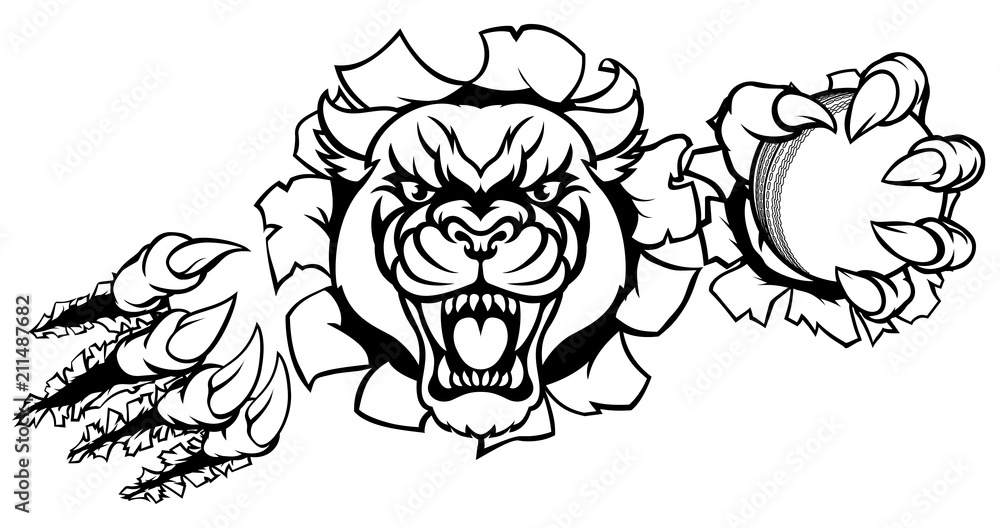 Obraz premium Black Panther Cricket Mascot Breaking Background