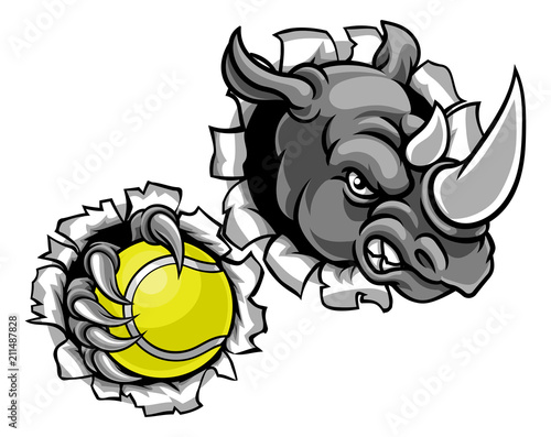 Rhino Holding Tennis Ball Breaking Background
