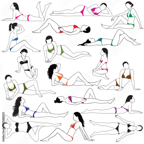 Set of silhouettes of slim beautiful woman laying in bikini.