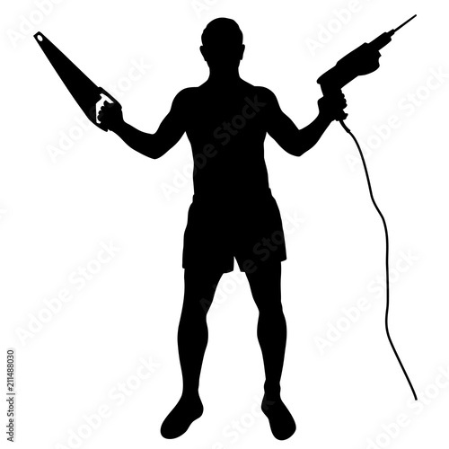 Silhouette of worker with tools.