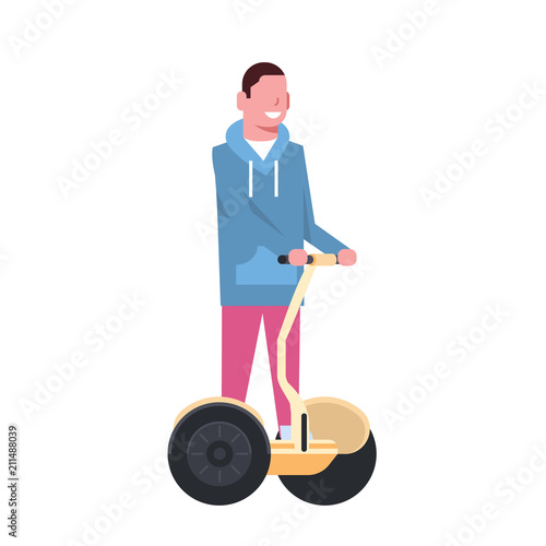 man riding gyroscooter over white background. gyroboard concept. cartoon full length character. flat style vector illustration