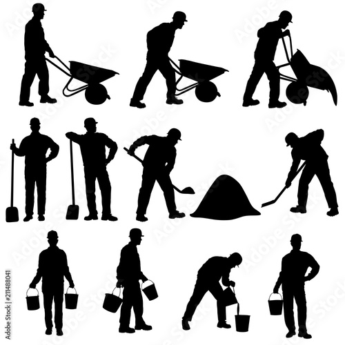 Set of silhouettes of worker with barrow, shovel and bucket.