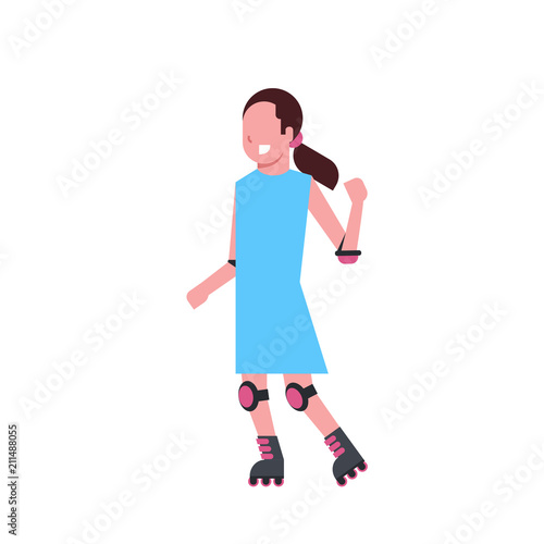 girl roller skating over white background rollerblading cartoon full length character. flat style vector illustration