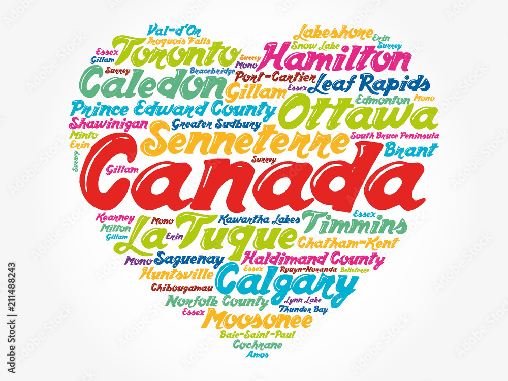 Plakat List of cities and towns in Canada composed in love sign heart shape, word cloud collage, business and travel concept background
